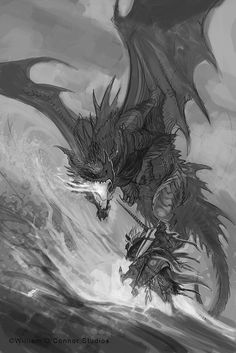 a black and white drawing of a dragon in the water