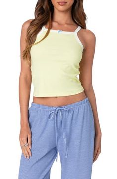 Stretch-enhanced cotton jersey hugs your shape in a pastel cropped tank finished with a mini bow. Square neck 95% cotton, 5% spandex Machine wash, dry flat Imported Sporty Cami Crop Top For Spring, Cropped Tank Top For Summer Loungewear, Summer Cropped Tank Top For Loungewear, Summer Tank Crop Top For Loungewear, Sporty Cotton Crop Top With Tank Straps, Cotton Tank Crop Top For Loungewear, Sporty Spring Cami Crop Top, Yellow Stretch Cropped Tank Top, Yellow Cropped Cotton Crop Top