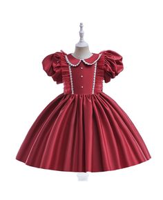 Get 10% off now! Buy burgundy satin girls party dress with bubble sleeves at cheap price online. Free stable shipping and pro custom service since 2009. Elegant Solid Color Princess Dress For Dress-up, Solid Color Fitted Princess Dress, Elegant Fitted Princess Dress, Fitted Solid Princess Dress With Ruffles, Elegant Red Princess Dress For Party Season, Satin Princess Dress With Ruffles, Satin Princess Dress With Ruffles For Party, Elegant Fitted Holiday Dress For Pageant, Satin Princess Dress For Formal Occasions