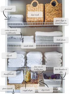 an organized closet with white linens, baskets and other items labeled in the words