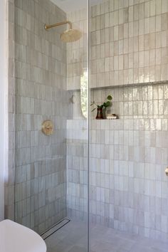 a bathroom with a walk in shower next to a white toilet and tiled flooring