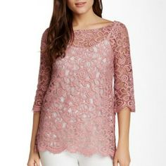 Gorgeous Lace Top, Partially Open Tie Back In Lovely Mauve/Rose Color. Fringed, Scalloped Bottom. No Tags, But Never Worn- Directly From Boutique Distributor. Elegant Pink Lace Top, Elegant Pink Tops For Brunch, Elegant Pink Lace Blouse, Feminine Tops, Eyelet Shirt, Blouse Nordstrom, Ruffled Sleeve Top, Chiffon Skirt, Shoulder Shirts