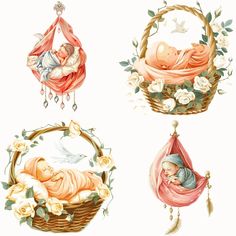 four different pictures of babys in baskets with flowers and leaves on them, one is sleeping