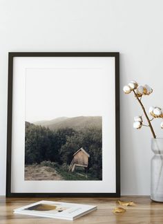 a framed photograph sitting on top of a table next to a vase filled with flowers