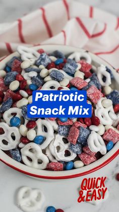 patriotic snack mix in a bowl with red, white and blue sprinkles