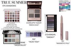 True Summer Color Palette Eyeshadow, True Summer Colors, Summer Seasonal Color Analysis, Color Analysis Summer, Soft Summer Makeup, Cool Summer Palette, Light Summer Color Palette, Seasonal Color Palette, Summer Eyeshadow