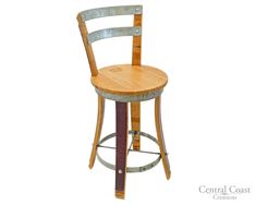 a wooden chair with metal barstools on it's back and seat is shown