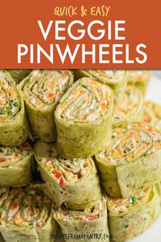 a plate full of veggie pinwheels with text overlay that reads quick and easy veggie pinwheels