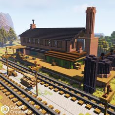 an image of a train station in the middle of some sort of town that looks like it is made out of minecraft