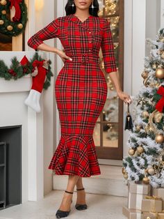 Christmas Party&New Year Party Women's Business Professional Frenchies Red Plaid Dress With Ruffle Trim And Notched Collar Fall Dresses Winter Dress Red Dress Wedding Women Dresses& Thanksgiving Women Outfit African Dress Christmas Women Dress  Masquerade Ball Dress Elegant Women Dresses Burgundy Skirt  Party Dress Red Elegant  Long Sleeve Knitted Fabric Plaid Fitted Slight Stretch  Women Clothing, size features are:Bust: ,Length: ,Sleeve Length: