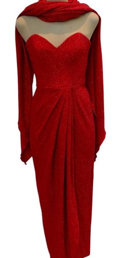 a red dress with long sleeves and a high neckline, on a mannequin dummy