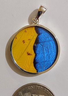 a coin is sitting next to a pendant with the image of a beach ball on it