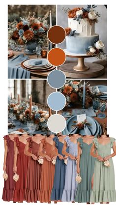 the color scheme for this wedding is blue, orange, and brown with flowers on it