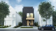 a black car parked in front of a house