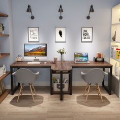 two desks with chairs and pictures on the wall in an office space that is well lit