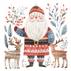 a watercolor painting of santa and his reindeers