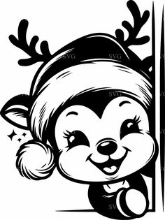 a black and white drawing of a cartoon character wearing a santa hat with reindeer antlers