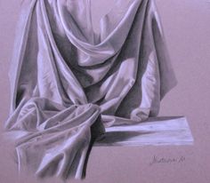 a pencil drawing of a draped cloth on a table