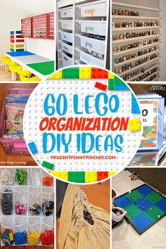 the collage of lego organization diy ideas is shown in several different pictures, including storage bins and drawers