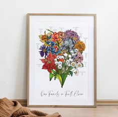 a framed flower print with the words, our family is full bloom on it's side