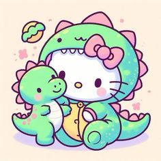 hello kitty and dinosaur hugging each other