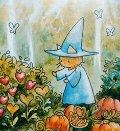 a painting of a cat dressed as a wizard in a garden with pumpkins and butterflies