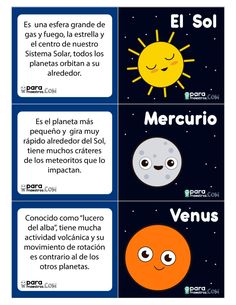 four different languages in spanish and english with pictures of planets, stars, and the moon