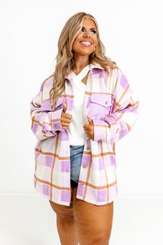 - Sweeten up your outerwear selection with this darling jacket!
 - Fully lined warm material with a rust, lavender, and cream colored plaid print
 - A collared neckline
 - A button-up front
 - Long, loose sleeves with button closure cuffs
 - Functional corduroy chest pockets
 - Hidden side pockets
 - A relaxed silhouette that ends in a rounded hemline Loose Sleeves, Cozy Place, Plaid Jacket, Women Clothing Boutique, Plaid Print, Online Womens Clothing, Boutique Clothing, Cream Color, Rust