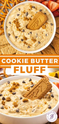 cookie butter fluff dip in a white bowl with chocolate chips and graham crackers