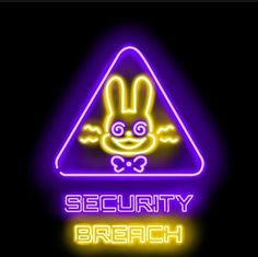 a neon sign that says security breach in front of a dark background with an image of a bunny