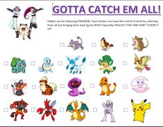 the pokemon characters are all in different colors and sizes, but one is missing their name