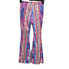 Pull On Elastic Light Weight Waist 13 Inches Inseams 31.5 Inches Casual Pink Pants For Festival, Casual Pink Bottoms For Festival, Stretch Multicolor Pants For Festivals, Trendy Multicolor Festival Bottoms, Trendy Purple Bottoms For Festival, Stretch Purple Bottoms For Festival, Trendy Multicolor Festival Pants, Vibrant Multicolor Long Pants, Hippie Style Multicolor Wide-leg Pants