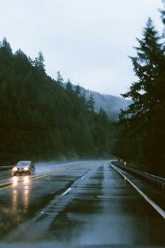 a car driving down a wet road in the rain with trees on both sides and mountains in the background