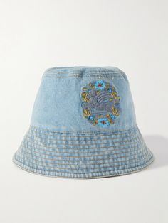 Etro's signature prints are reinvented every season – here, we see it embroidered around the brand’s iconic Pegasus logo. Made in Italy from light washed denim, this bucket hat has a low brim. Wear yours with a floaty dress when exploring local markets on vacation. Adjustable Embroidered Bucket Hat For Beach, Spring Wide Brim Bucket Hat With Embroidered Logo, Embroidered Logo Bucket Hat For Beach, Spring Bucket Hat With Embroidered Logo, Adjustable Embroidered Cotton Bucket Hat, Pegasus Logo, Denim Bucket Hat, Floaty Dress, Embroidered Denim