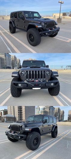 four different pictures of jeeps parked in a parking lot