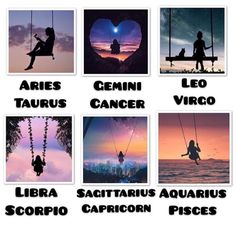 the zodiac signs are in different languages and have pictures of people sitting on swings