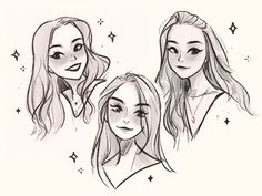 three girls with long hair and stars on their faces, one is drawn in pencil