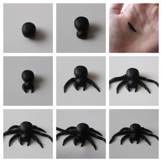 there are many different pictures of black plastic toys in the shape of spider legs and hands