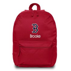 This Boston Red Sox "B" backpack is the perfect way for your child to show off their fandom wherever they go! With padded adjustable straps and an extra front zipper compartment, this backpack has everything your little one needs. This bag is embroidered with the Red Sox logo and your little one’s name or nickname underneath! This backpack measures 16” tall. Red Backpack For School Events, Red Standard Backpack For School Events, Red Backpack For End Of School Year Events, Red Backpack For School Events At Year End, Red Backpack For End-of-school-year Events, Red Sox Logo, Washington Nationals, Boston Red, Boston Red Sox