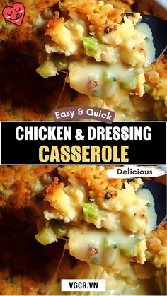 chicken and dressing casserole is shown with the title above it in two separate images