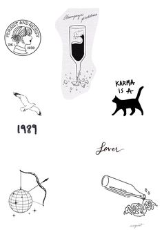 some different types of stickers on a white sheet with black writing and pictures around them