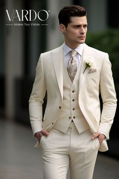 Men's Cream 3-Piece Suit - Luxurious Tailored Fit - Versatile Wedding & Business Attire, The Rising Sun Store, Vardo $295.00 Prom Suit Men, Cream Suits For Men, Cream Suit, Stylish Mens Suits, Men's Business Outfits, Classy Suits, Dress Suits For Men, The Rising Sun, Men Cream