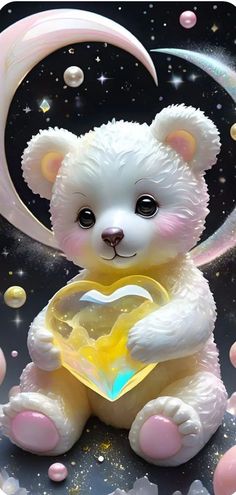 a white teddy bear sitting on top of a moon and holding a heart in its paws