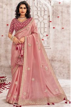 Organza Saree With Border, Organza Saree With Blouse, Saree With Border, Embroidered Organza