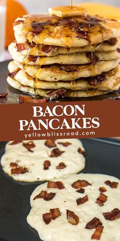 pancakes with bacon on top and syrup being drizzled over them in the background