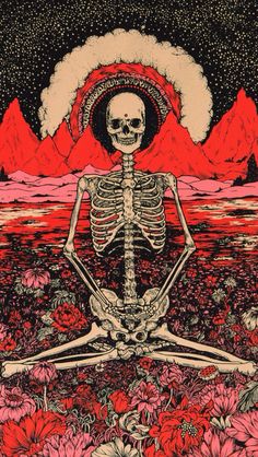 a skeleton sitting in the middle of a field with mountains and flowers behind it,