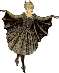 a drawing of a woman in a dress with horns on her head and arms outstretched