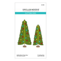 two green christmas trees with red and blue decorations on them, one is for cutting dies