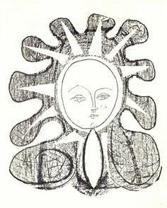 a drawing of a woman's face in the center of an abstract sunburst