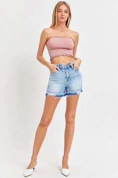 Add a touch of edgy style to your summer wardrobe with these high rise distressed hem denim shorts. The high rise fit offers a flattering silhouette, while the distressed hem detailing brings a trendy and relaxed vibe to your look. Pair these shorts with a casual top and sandals for a laid-back yet fashionable ensemble. Perfect for sunny days and casual outings, these versatile shorts provide both comfort and style. Elevate your summer wardrobe with these on-trend denim shorts that exude a cool Chic Ripped Jean Shorts, Chic Ripped Short Length Jeans, Trendy Shorts With Frayed Hem For Day Out, Chic High-waisted Jean Shorts With Frayed Hem, Chic High Rise Distressed Jean Shorts, Trendy High Rise Jean Shorts For Day Out, Trendy Medium Wash Shorts With Frayed Hem, Chic Light Wash Jean Shorts, Ripped Jean Shorts For Day Out